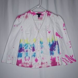 Chaps Denim Button Shirt Women Large Embroidered Lace Tie Dye Puffed Coastal Y2K